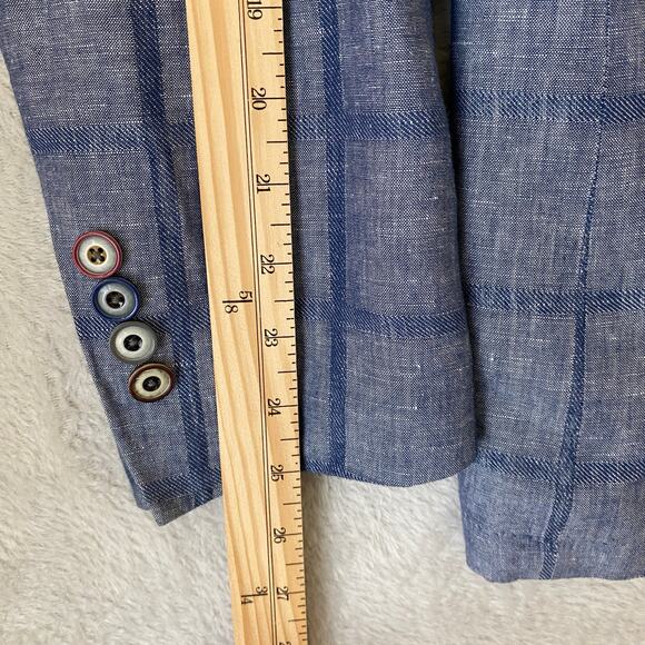 Tallia Men Linen Blend Windowpane Plaid Blazer Sport Coat 38R Blue Pocket Square - Picture 13 of 14